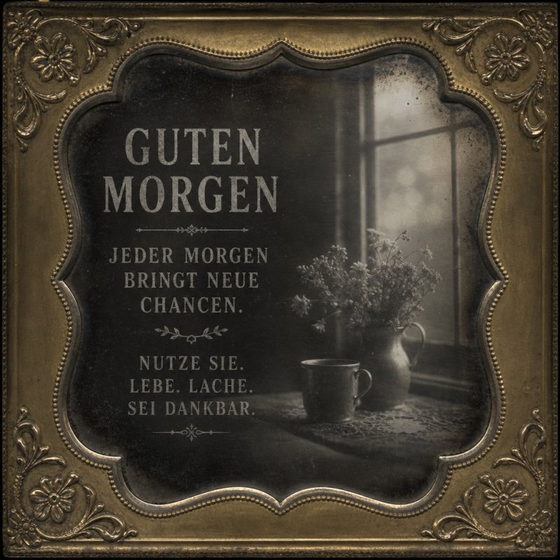 Ein nostalgischer Guten-Morgen-Gruß auf einem antiken Rahmen mit Blumen und Kaffeetasse am Fenster verbreitet einen sanften, morgendlichen Charme.