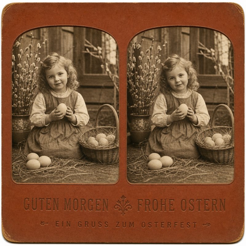 Ein nostalgisches Foto eines Kindes mit Ostereiern und Korb vor einem Fenster, das einen warmen Guten-Morgen-Gruß und Frohe Ostern wünscht.