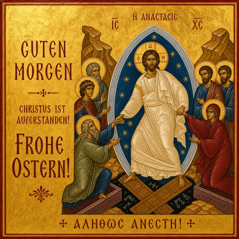 Ein österliches Bild in Ikonenstil zeigt Jesus Christus in einem strahlenden Oval, umgeben von Heiligen, mit dem Text 'Guten Morgen, Frohe Ostern'.