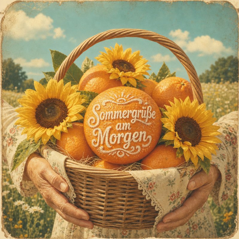 Guten-Morgen-Gruß auf einem Vintage-Postkartenmotiv: Hände halten ein Korb voller Orangen und Sonnenblumen auf einer Sommerwiese unter einem klaren Himmel.