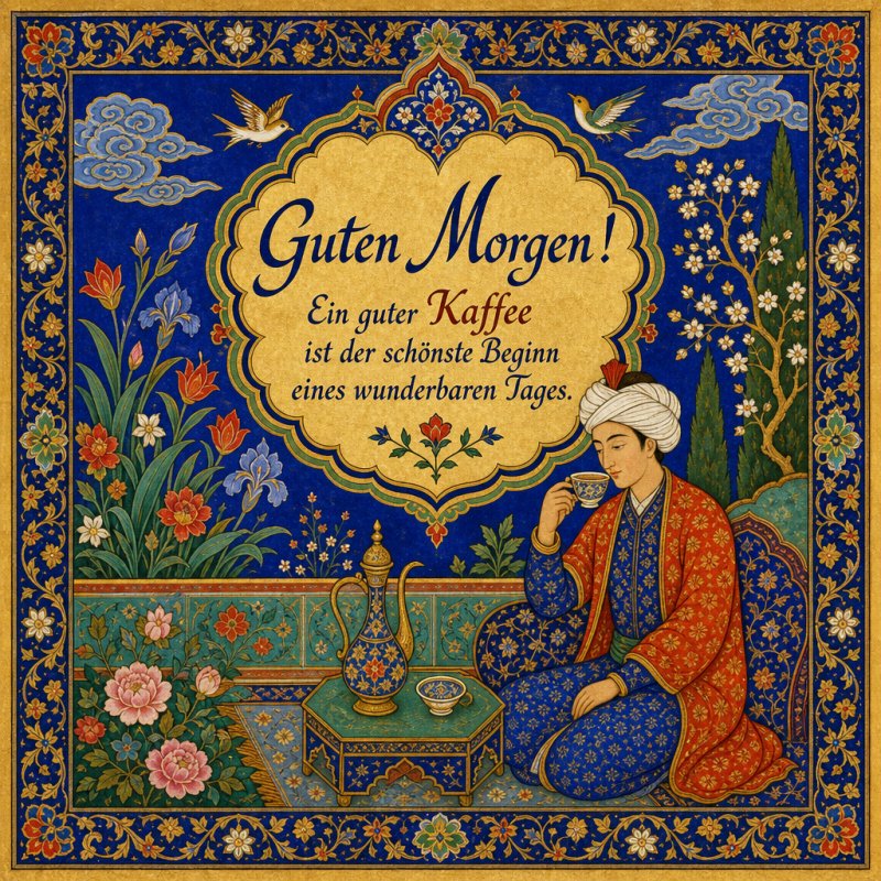 Ein orientalisch gekleideter Mann genießt Kaffee in einem blumigen Garten, umgeben von kunstvollen Mustern, als Teil eines Guten-Morgen-Grußes.