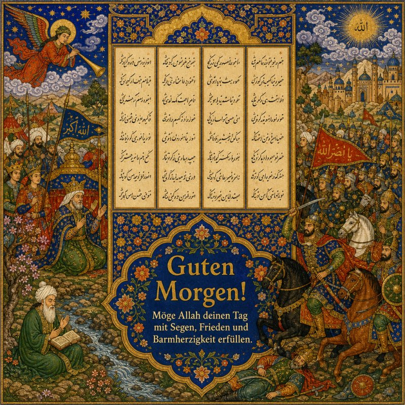 Ein kunstvoll verzierter Guten-Morgen-Gruß zeigt eine orientalische Szene mit Reitern, Engeln und Schriftrollen in lebhaften Farben und religiösem Kontext.