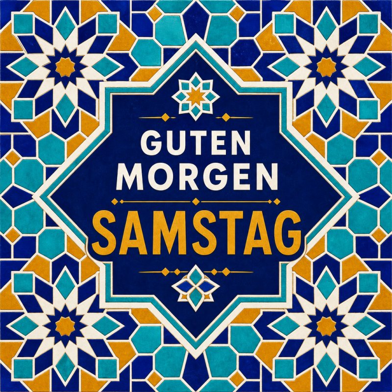 Ein farbenfroher Guten-Morgen-Gruß mit orientalischen Mosaikmustern in Blau, Weiß und Gold umrahmt das Wort 'Samstag' in der Mitte.