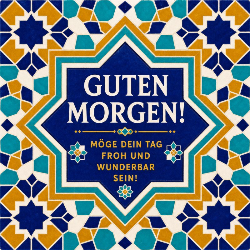 Ein buntes, orientalisches Muster ziert diese Karte mit einem Guten-Morgen-Gruß in der Mitte, das einen fröhlichen Start in den Tag wünscht.