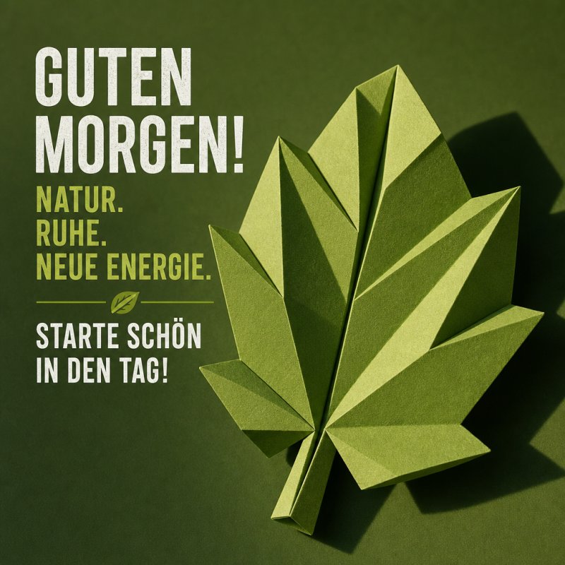 Ein grünes Origami-Blatt vor einem dunklen Hintergrund vermittelt in diesem Guten-Morgen-Gruß ein Gefühl von Ruhe und neuer Energie für den Tag.