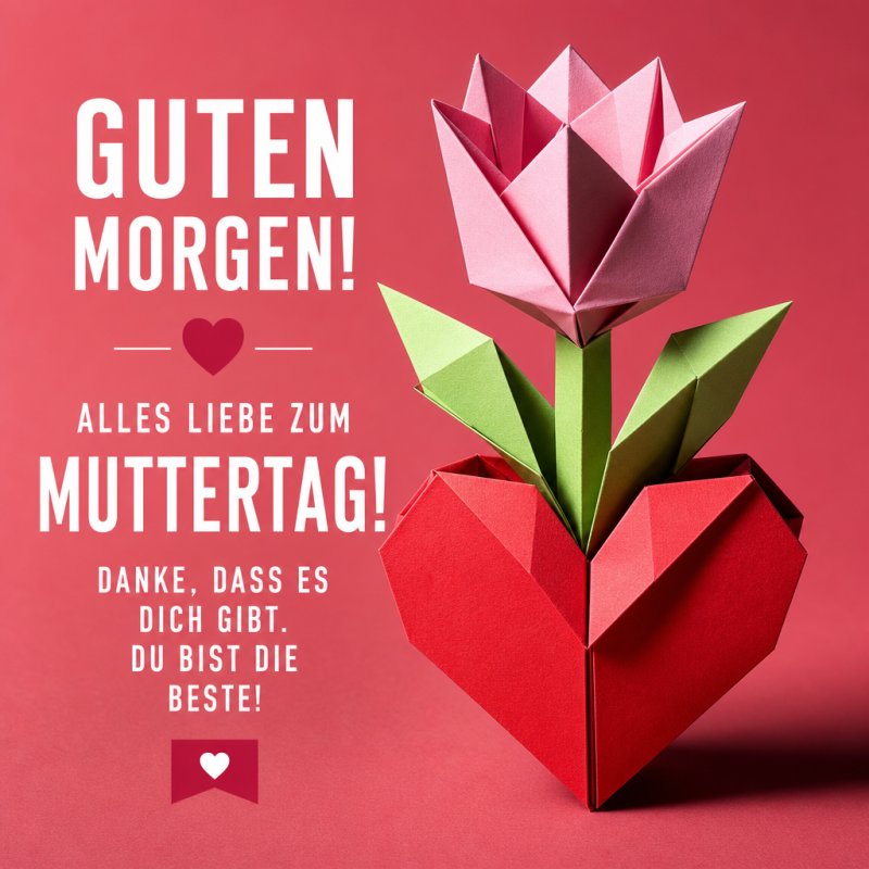 Ein Origami-Blumenarrangement mit einer Tulpe und einem roten Herz auf rotem Hintergrund vermittelt einen herzlichen Guten-Morgen-Gruß zum Muttertag.