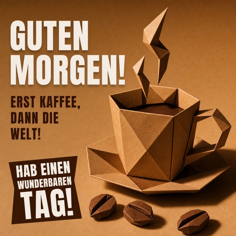 Eine detailreiche Origami-Kaffeetasse mit dampfender Optik auf braunem Hintergrund vermittelt den Guten-Morgen-Gruß voller kreativer Eleganz.
