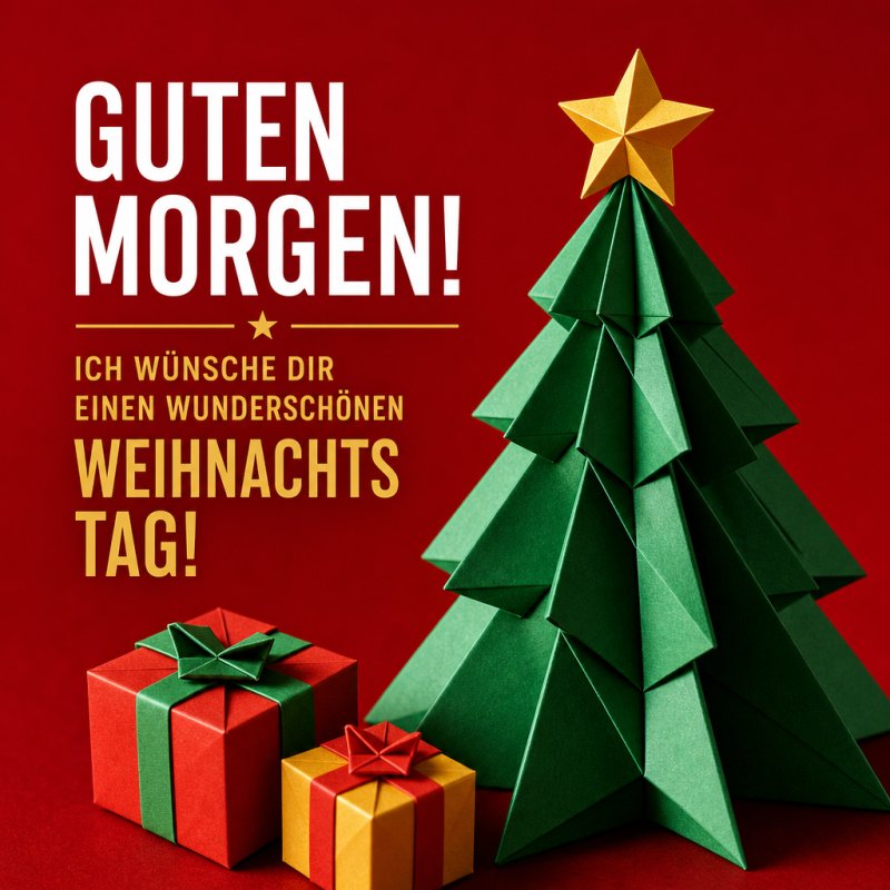 Ein Origami-Weihnachtsbaum mit gelbem Stern und zwei farbigen Geschenken illustrieren einen festlichen Guten-Morgen-Gruß auf rotem Hintergrund.