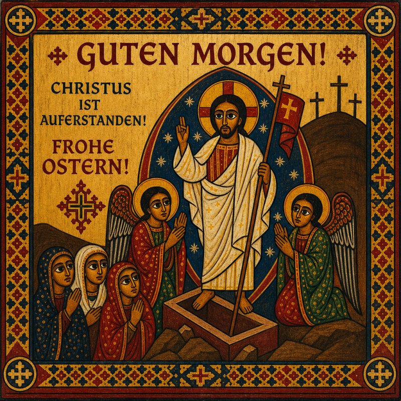 Eine kunstvolle Ikone im Ikonenstil zeigt Christus mit Engeln und betenden Frauen im Vordergrund als österlichen Guten-Morgen-Gruß.