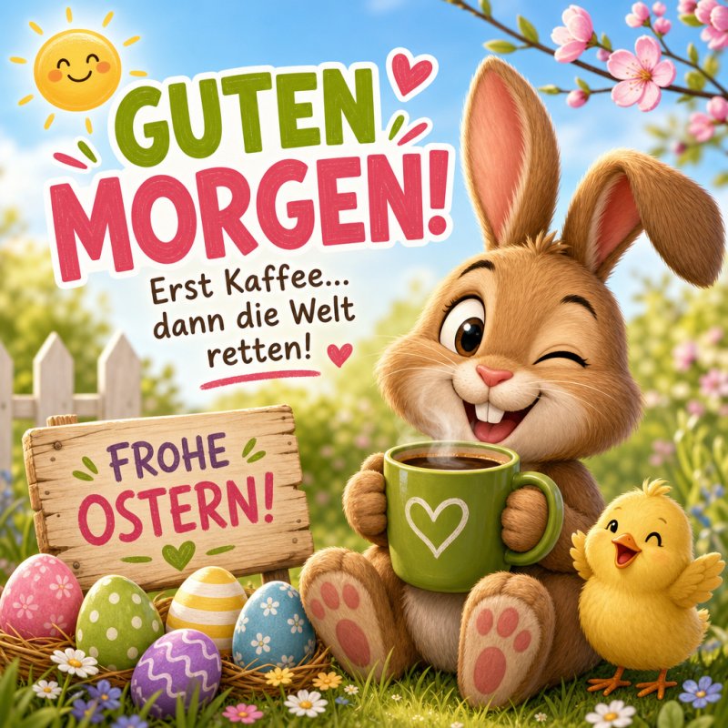 Ein fröhlicher Osterhase mit Kaffeetasse zwinkert neben einem Küken und bemalten Eiern in einem blühenden Garten für einen fröhlichen Guten-Morgen-Gruß.