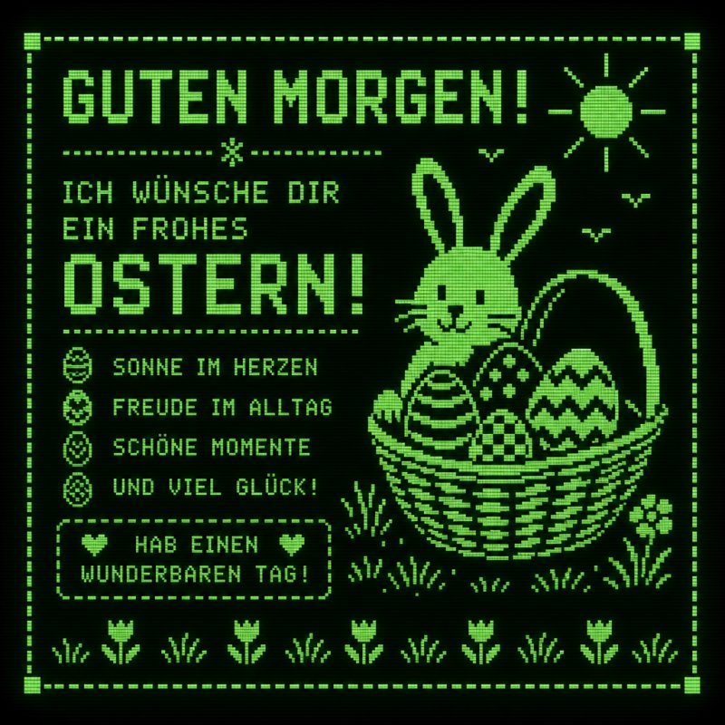 Ein digital gestalteter Guten-Morgen-Gruß zeigt einen lächelnden Osterhasen in einem Korb mit Ostereiern und frühlingshaften Symbolen auf schwarzem Hintergrund.