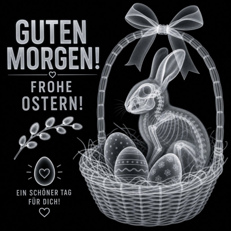 Ein Röntgenbild von dekorativen Ostereiern und einem Hasen in einem Korb mit Schleife, begleitet von einem Guten-Morgen-Gruß und frühlingshaften Elementen.