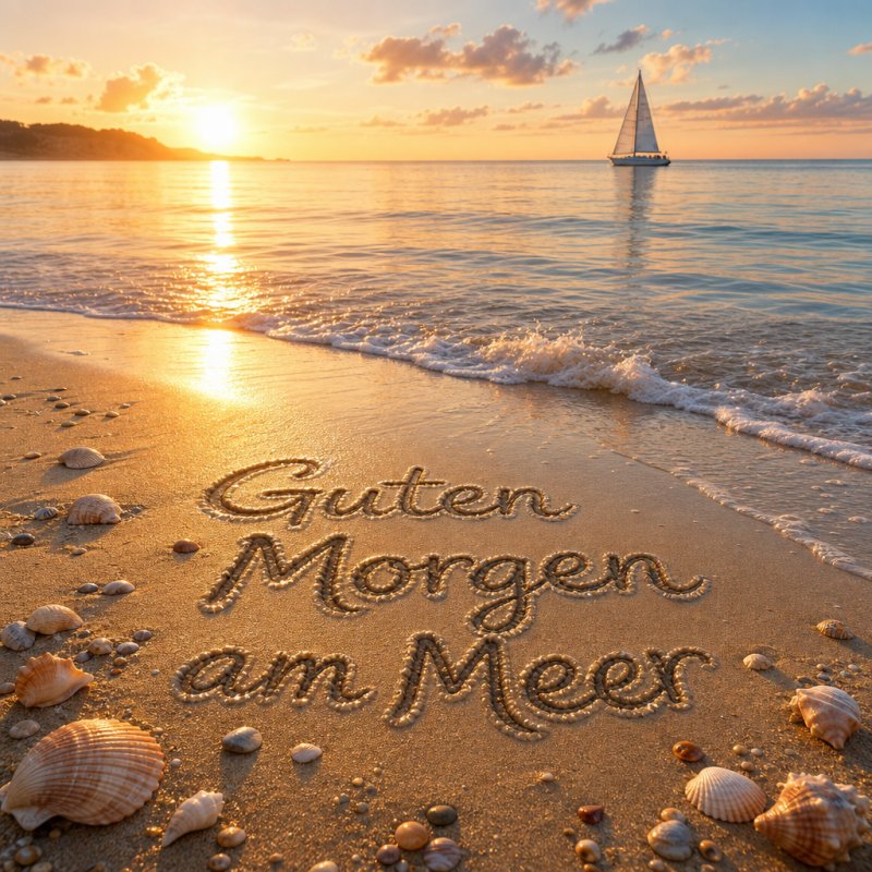 Eine Guten-Morgen-Gruß-Szene am Meer: ein photorealistisches 3D-Bild von Wellen, die einen Gruß in den Sand zeichnen, unter einem ruhigen Morgenhimmel am Strand.