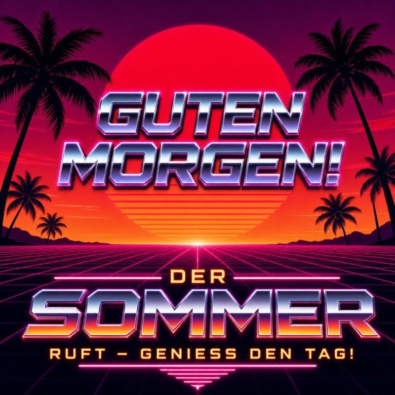 Ein Retro-Design mit Palmen und einem großen Sonnenuntergang im Neonstil versendet einen fröhlichen Guten-Morgen-Gruß für den Sommer.
