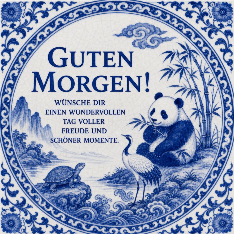 Ein liebevoller Guten-Morgen-Gruß mit einem blauen Panda, einem Kranich und einer Schildkröte in einem stilisierten asiatischen Bambusgarten.