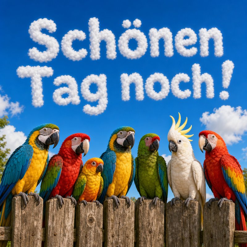 Photorealistisches 3D-Rendering eines Guten-Morgen-Grußes: Mehrere bunte Papageien sitzen auf einem Holzzaun vor einem klaren blauen Himmel mit aus Wolken geformtem Gruß.