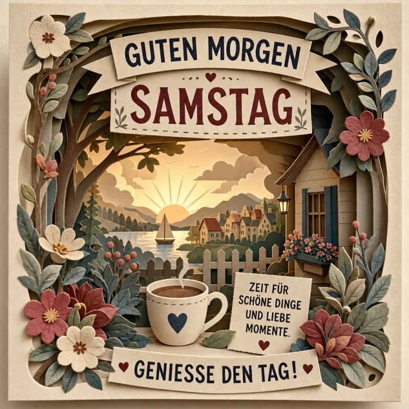 Ein detaillierter Papierausschnitt zeigt einen See im Sonnenaufgang mit Boot, Häuschen und Blumen, begleitet von einem Herz und einem Guten-Morgen-Gruß.