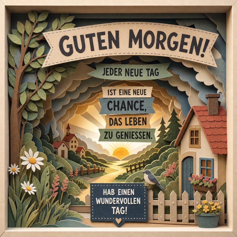 Ein kunstvoll gestalteter Guten-Morgen-Gruß zeigt ein idyllisches Dorf vor einem Sonnenaufgang, eingerahmt mit Blumen aus Papier.