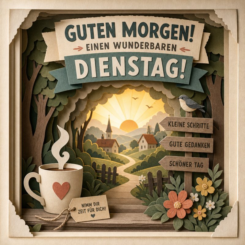 Ein aus Papier gestalteter Sonnenaufgang über einer idyllischen Landschaft mit einem Kaffee, Blumen und Schildern vermittelt einen warmen Guten-Morgen-Gruß.