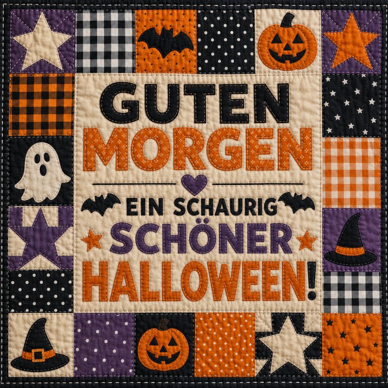 Ein buntes Patchwork-Design mit Kürbissen, Geistern, Fledermäusen und Sternen, begleitet von einem Guten-Morgen-Gruß zu Halloween.