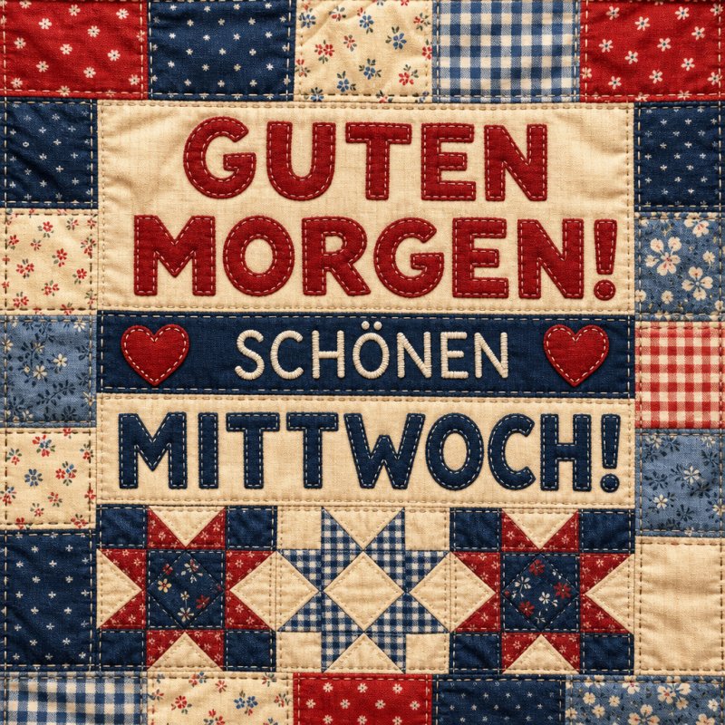 Ein Guten-Morgen-Gruß mit roten Herzen und Sternen im Patchworkstil auf einer bunten Quadrate-Decke für einen schönen Mittwoch.