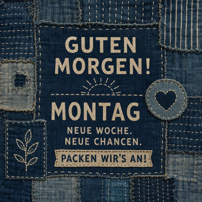 Ein kreativer Guten-Morgen-Gruß auf Jeansstoff mit einem Herz und einer Sonne vermittelt den Start in die neue Woche auf originelle Art.