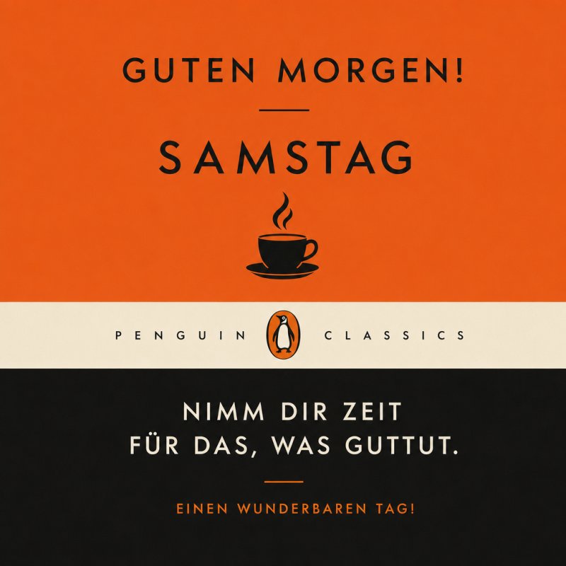 Ein stylisher Guten-Morgen-Gruß im Penguin Classics Design mit einer Kaffeetasse und motivierendem Zitat in einem eleganten, orange-schwarzen Layout.