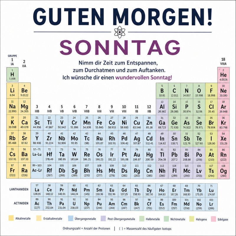 Ein bunter Periodensystem-Tisch mit dem Text 'Guten Morgen' und 'Sonntag' lädt mit einem ermutigenden Guten-Morgen-Gruß zum Entspannen ein.