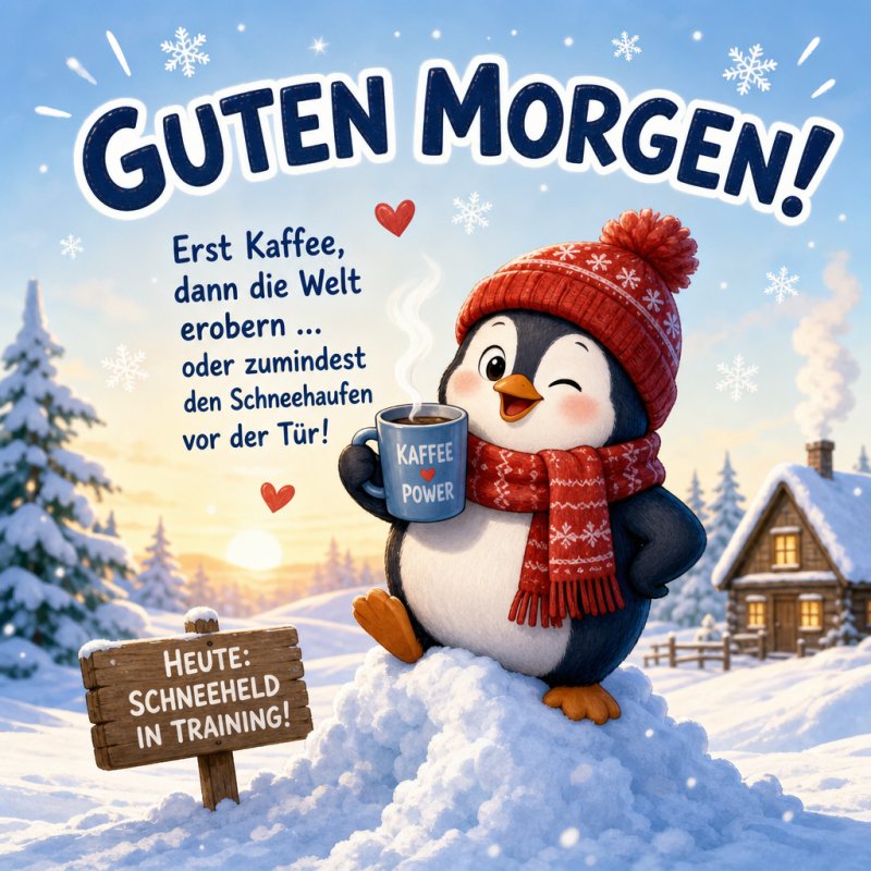 Ein lächelnder Pinguin mit roter Mütze und Schal hält eine Kaffeetasse in der Hand, umgeben von Schnee, als Guten-Morgen-Gruß im Winter.