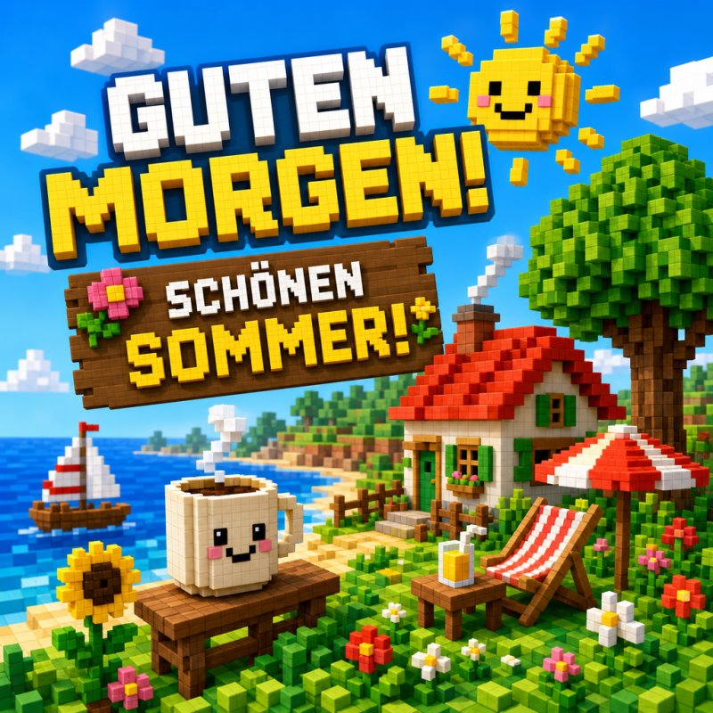 Eine Pixelkunst-Sommerlandschaft mit Haus am Meer, Sonnenschirm, lächelnder Sonne und Pixelkaffee begrüßt mit einem fröhlichen Guten-Morgen-Gruß.