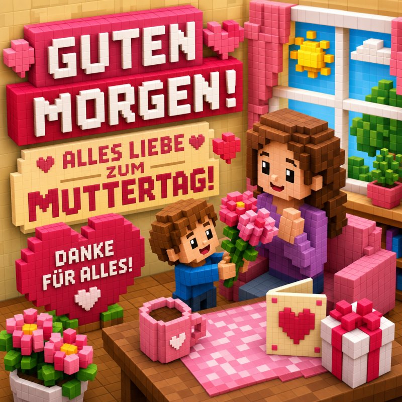 Ein pixelartiges Bild zeigt ein Kind, das seiner Mutter Rosen zum Muttertag überreicht, mit einem fröhlichen Guten-Morgen-Gruß und herzlichen Botschaften.