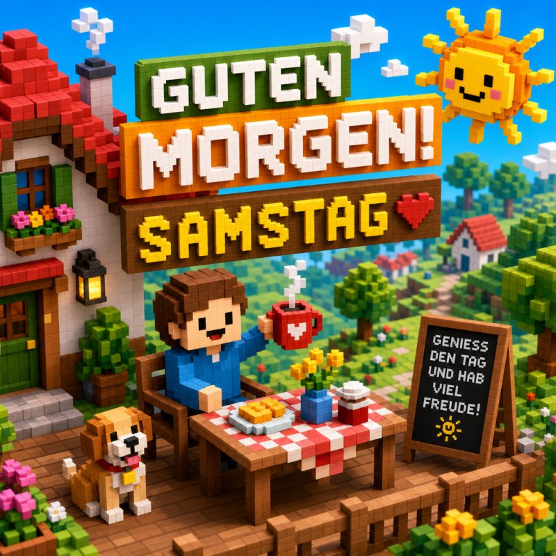 Ein Person sitzt an einem Tisch in pixelartiger Landschaft, mit einem Hund und Sonnenschein, dekoriert für einen fröhlichen Guten-Morgen-Gruß zum Samstag.