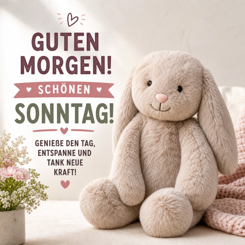 Ein Plüschhase sitzt neben rosafarbenen Blumen auf einem Tisch, begleitet von einem Guten-Morgen-Gruß für einen schönen Sonntag in sanften Farben.