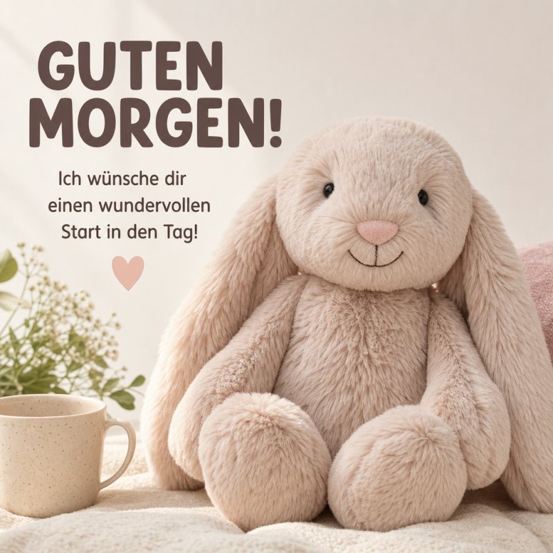 Ein flauschiger Plüschhase sitzt neben einer Tasse Kaffee und einem Herzsymbol, begleitet von einem herzlichsten Guten-Morgen-Gruß in gemütlicher Atmosphäre.