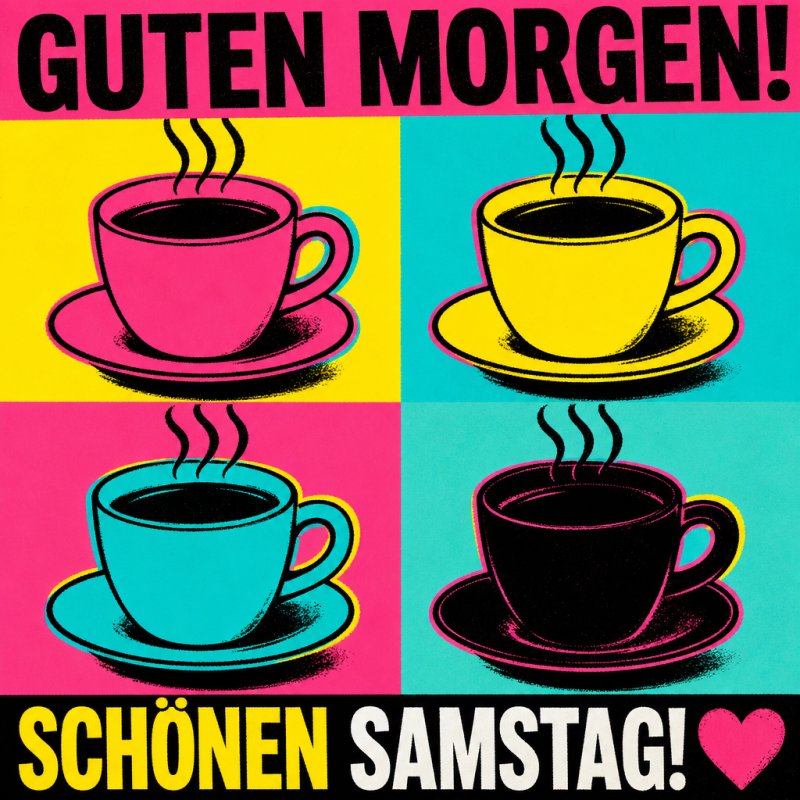 Ein Pop-Art-Bild mit vier bunten Kaffeetassen auf einem Quadrat, begleitet von dem Schriftzug „Guten Morgen“ und „Schönen Samstag“ mit einem Herzsymbol.