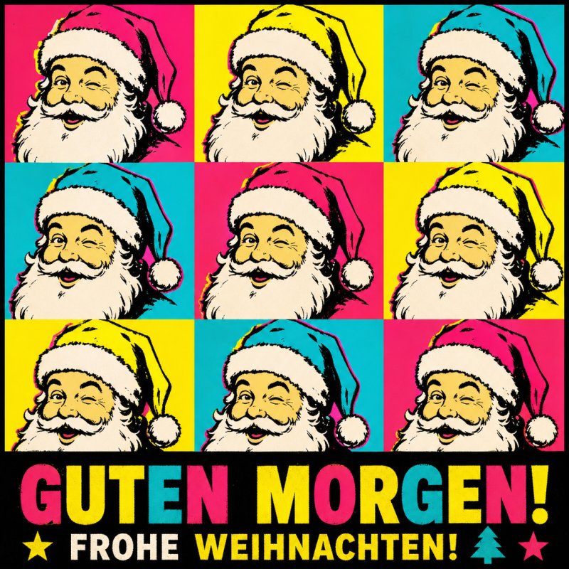 Ein Pop-Art Stil Muster mit neun Weihnachtsmann-Porträts in verschiedenen Farben, unter dem der Text 'Guten Morgen' und 'Frohe Weihnachten' steht.