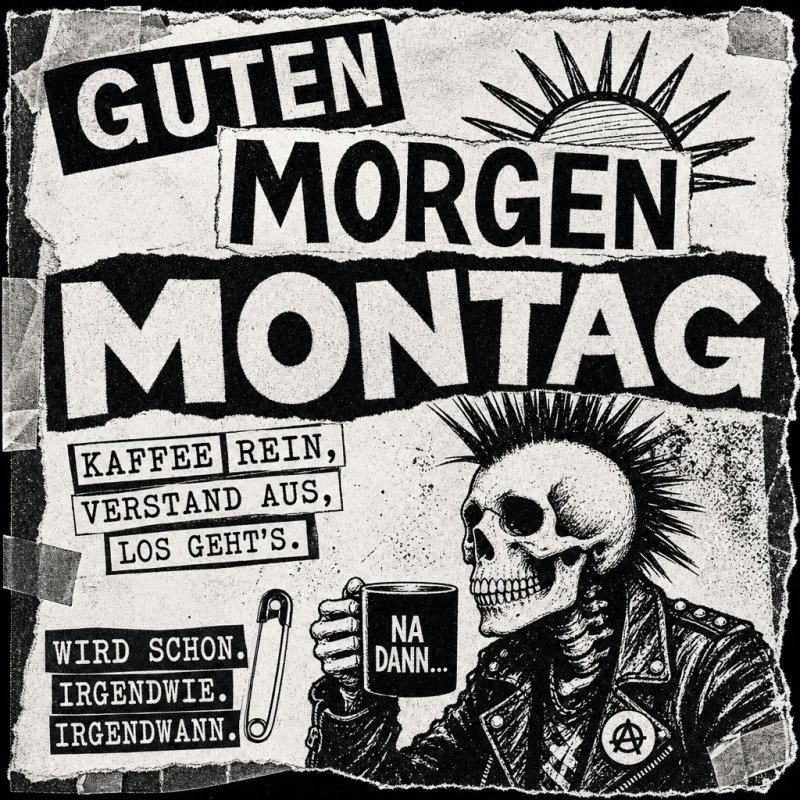 Ein Punk-Skelett mit Irokesenfrisur hält in diesem humorvollen Guten-Morgen-Gruß eine Kaffeetasse, umgeben von markanten Sprüchen und einem stilisierten Sonnenaufgang.