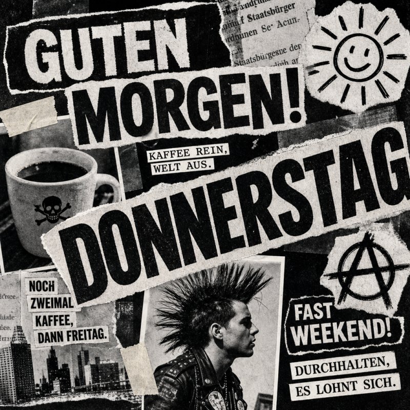 Ein Punkrock-inspirierter Guten-Morgen-Gruß zeigt eine Collage aus Zeitungsschnipseln, einer dampfenden Kaffeetasse und einem lächelnden Sonnensymbol.