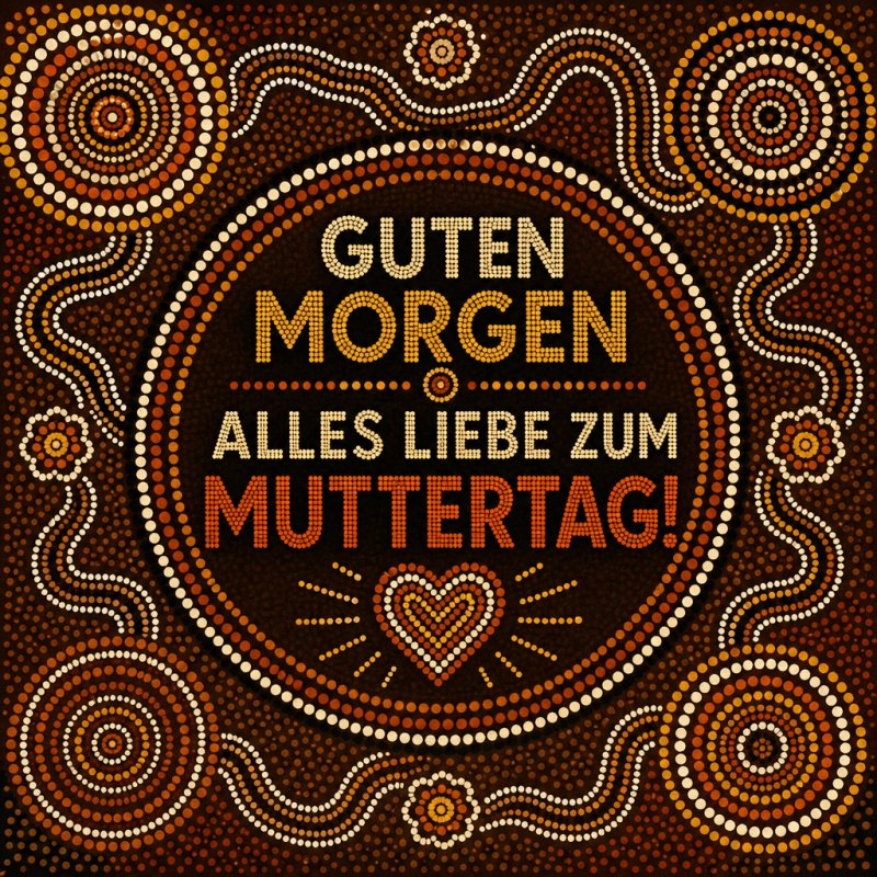Bunte Punktmuster in warmen Tönen umrahmen die Worte 'Guten Morgen, alles Liebe zum Muttertag!' und schaffen einen herzlichen Gruß mit lebendigem Design.