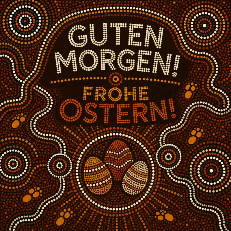 Ein bunter Punktmuster-Hintergrund mit drei Ostereiern und der Aufschrift 'Guten Morgen! Frohe Ostern!' schafft einen fröhlichen Guten-Morgen-Gruß.
