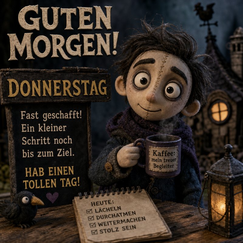 Ein gezeichnete Puppe hält eine Tasse Kaffee und sitzt vor einem Haus mit einem Schild für Donnerstag; ein freundlicher Guten-Morgen-Gruß im Puppenstil.