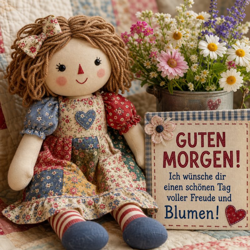 Ein handgemachte Stoffpuppe sitzt neben einem Blumenstrauß in einer Dose mit einem 'Guten Morgen' Gruß in einer rustikalen, gemütlichen Atmosphäre.