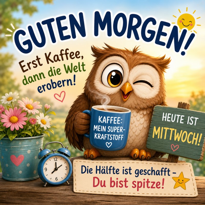 Eine fröhliche Eule mit einem zwinkernden Auge hält eine Kaffee-Tasse, umgeben von Blumen, einem Wecker und einem Mittwochs-Schild als Guten-Morgen-Gruß.