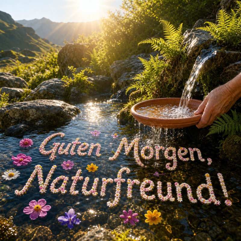 Eine fotografierte Quelle im Morgenlicht mit einem Guten-Morgen-Gruß aus Blumenblüten, die auf dem glitzernden Wasser des sprudelnden Bachs treiben.