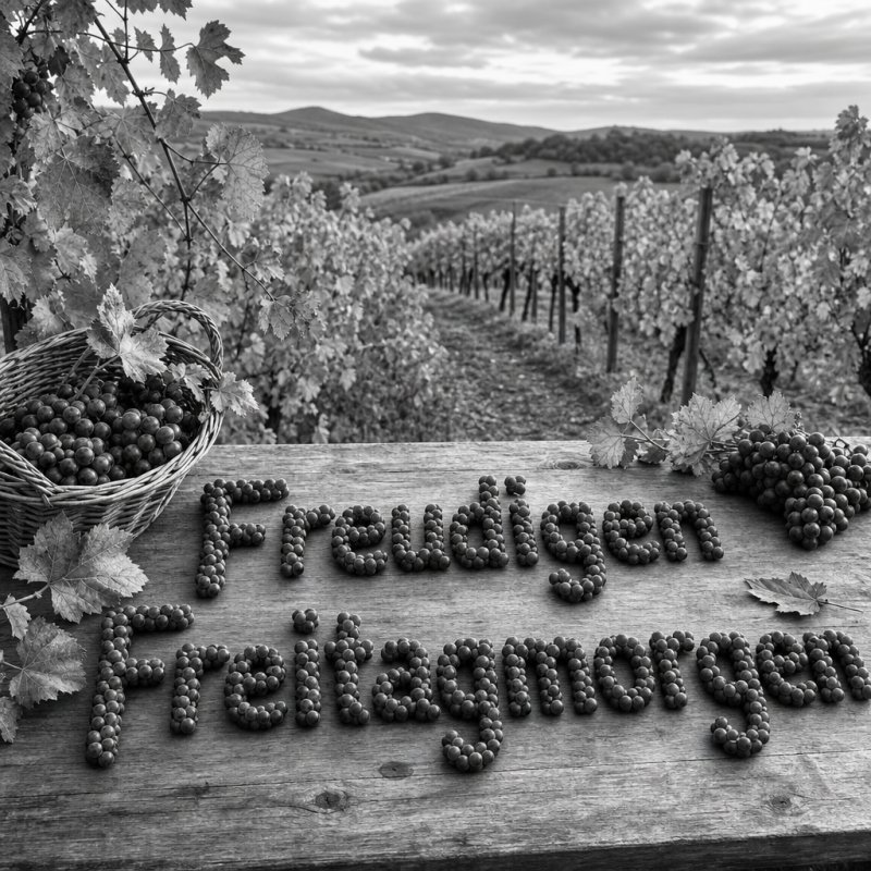 Guten-Morgen-Gruß als kontrastreiches Schwarz-Weiß-Foto: eine herbstliche Weingutlandschaft mit Weinreben und einem rustikalen Tisch mit Trauben.