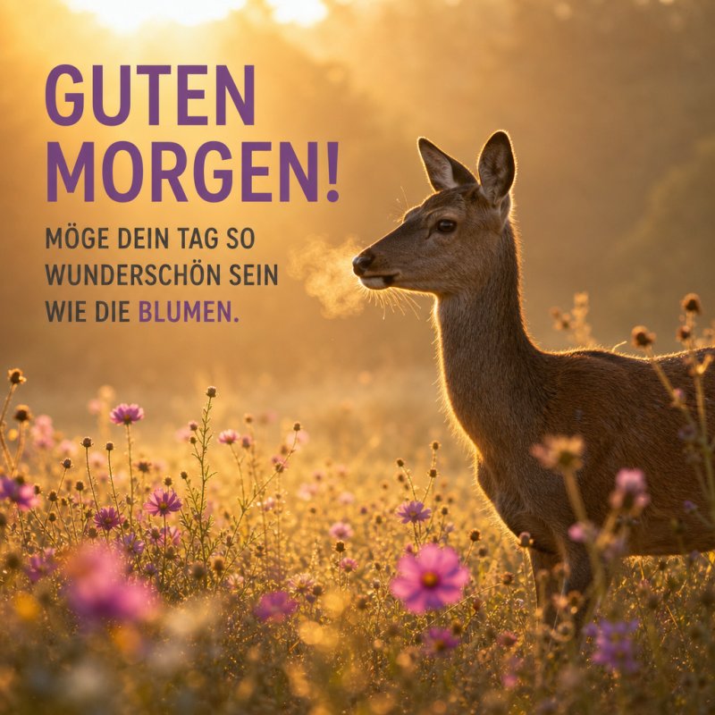 Ein Reh steht in einem blühenden Feld voller lila Blumen im sanften Morgenlicht als Teil eines stimmungsvollen Guten-Morgen-Grußes.