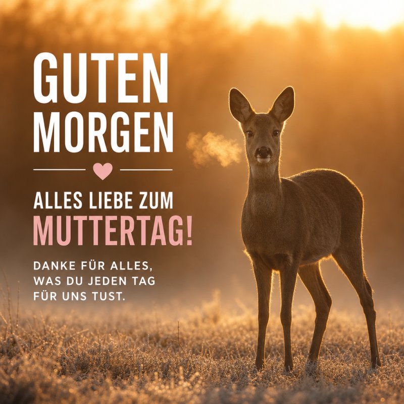 Ein Reh steht im goldenen Morgenlicht auf einem Feld, begleitet von einem "Guten Morgen" und Muttertagsgruß in warmen Farben und herzlicher Stimmung.