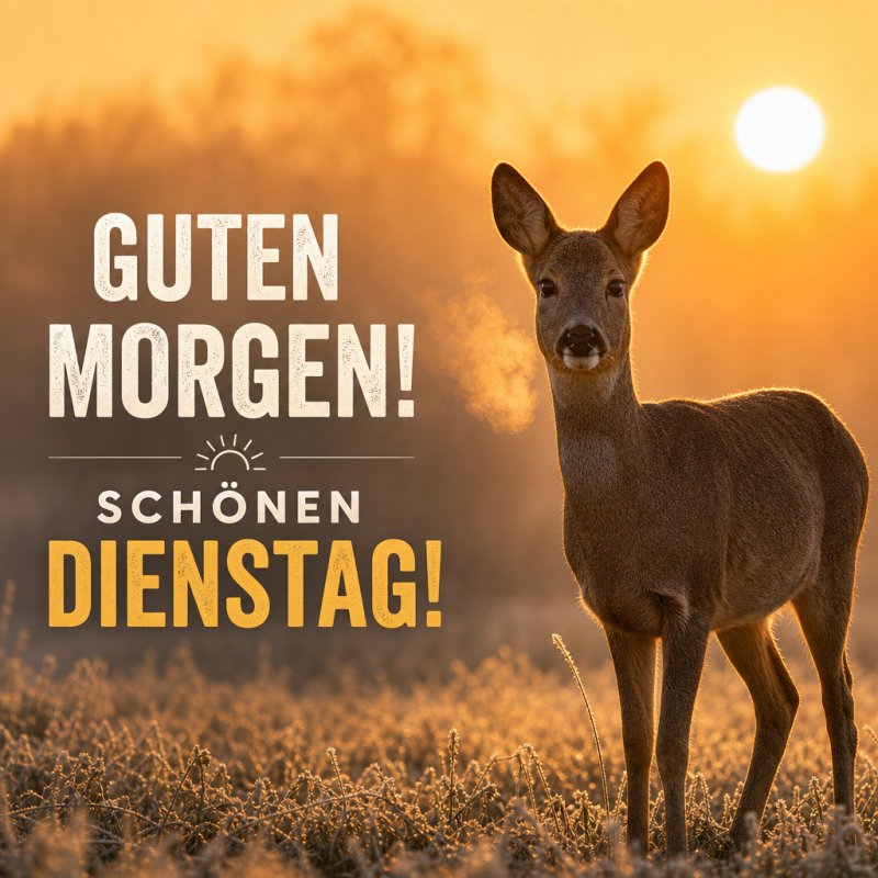Ein Reh steht im goldenen Morgenlicht auf einer Wiese, während die aufgehende Sonne im Hintergrund scheint, begleitet von einem Guten-Morgen-Gruß.