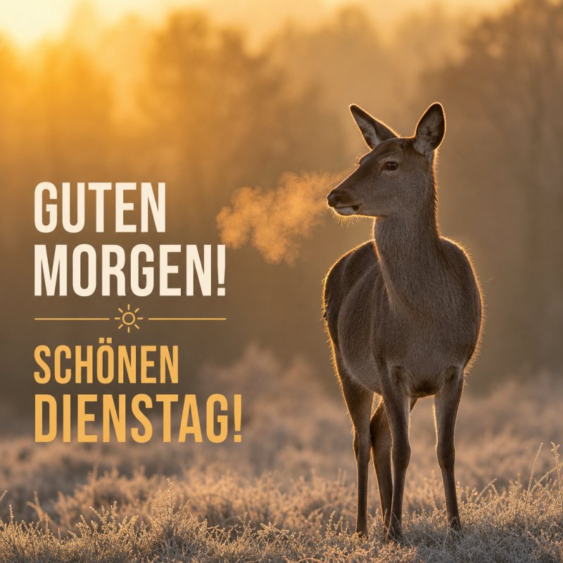 Ein Reh steht im goldenen Morgenlicht, umgeben von frostiger Wiese, als ein stimmungsvoller Guten-Morgen-Gruß für Dienstag erscheint.