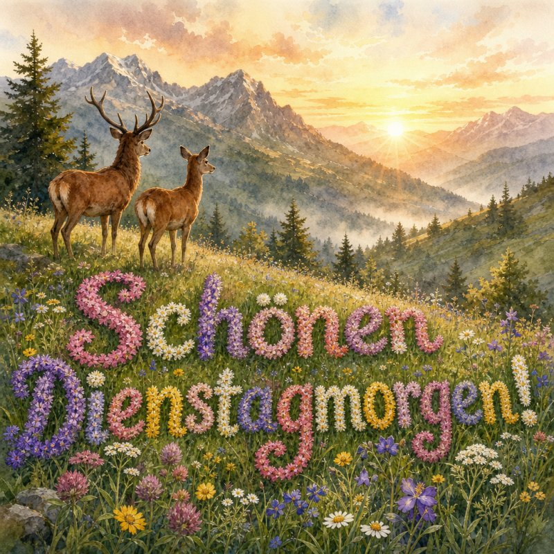 Guten-Morgen-Gruß in Aquarell: Ein friedlicher Morgen im alpinen Blumengarten mit Rehen und Blumen, deren Blüten die Nachricht formen.